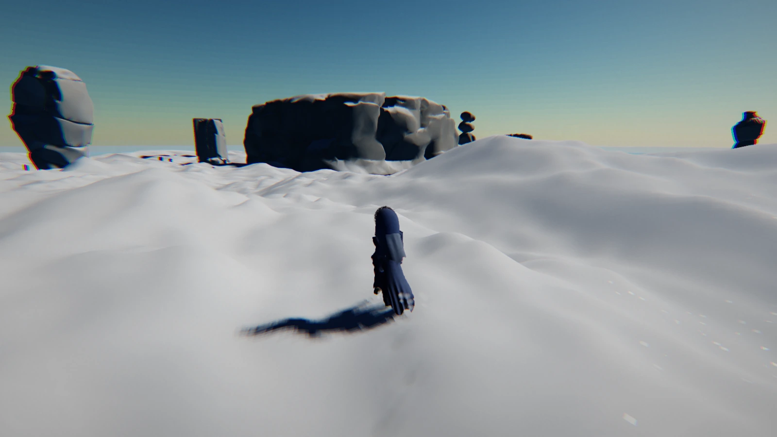A generated snowfield with large rock outcrops and a lone figure walking toward them.